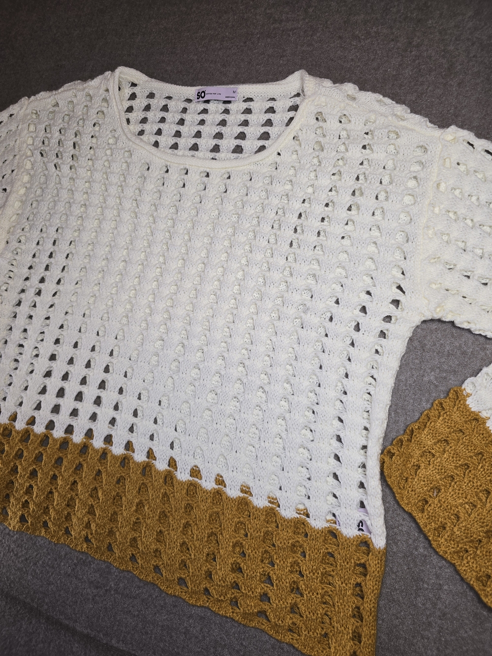 Boho Open-Knit Scoop-Neck Sweater in White with Mustard Hem Medium